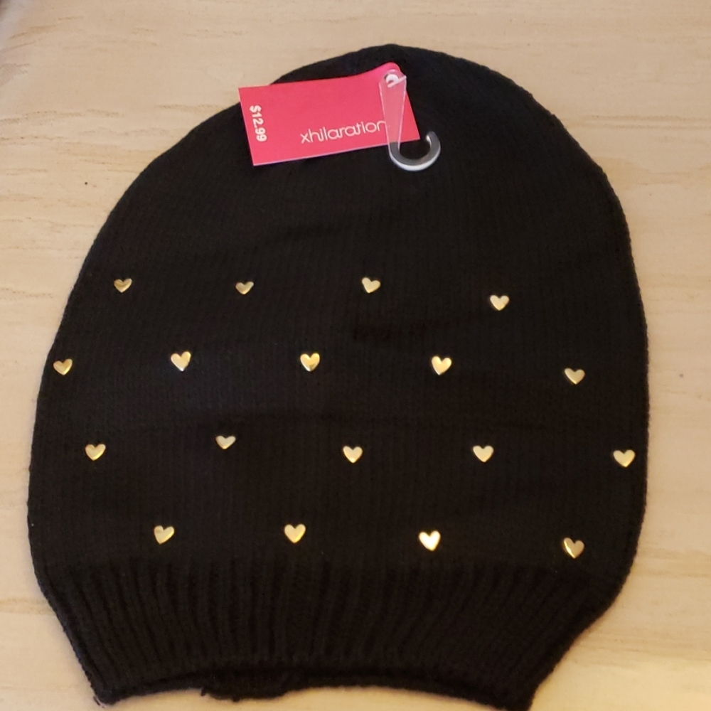 New  Adult size Black Knit Hat with Golden Hearts